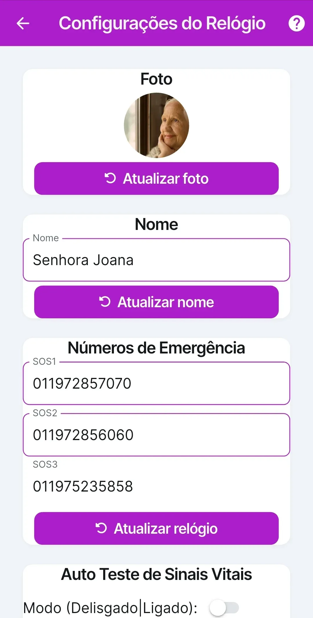Tela de configurações do relógio no app: foto, nome e os três números de emergência SOS