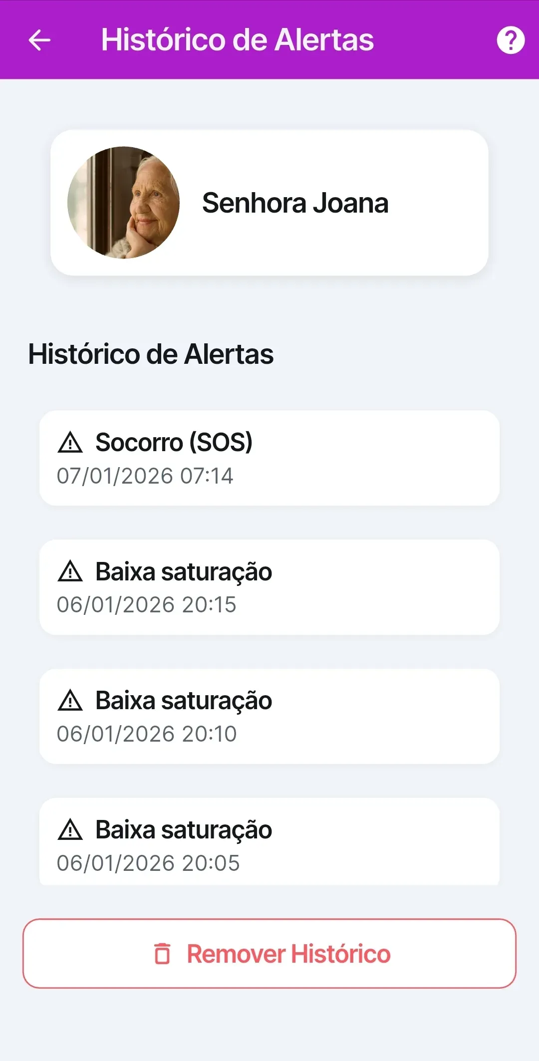 Tela de histórico de alertas do app, com registros de SOS e baixa saturação com data e hora