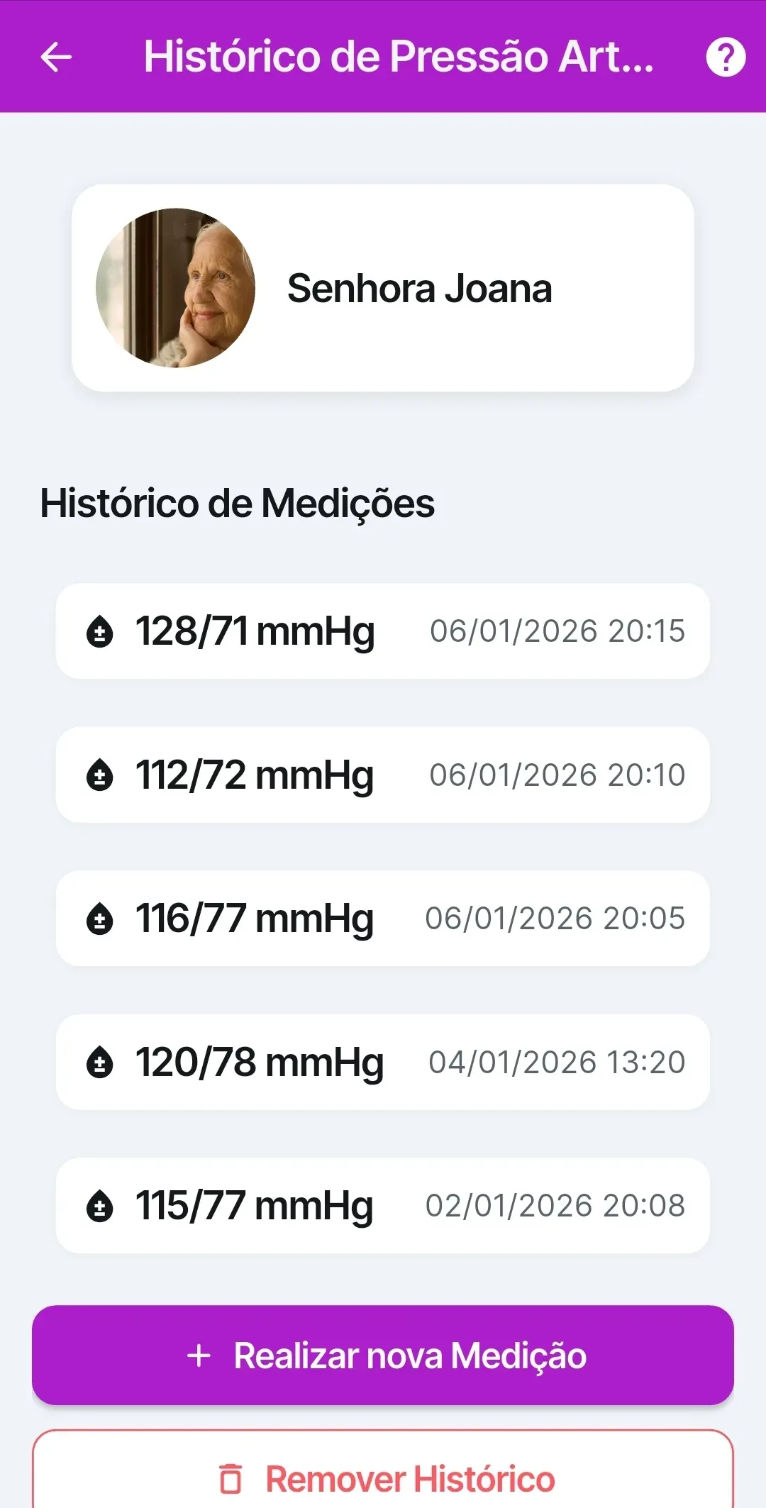 Tela de histórico de pressão arterial com medições recentes e botão de realizar nova medição