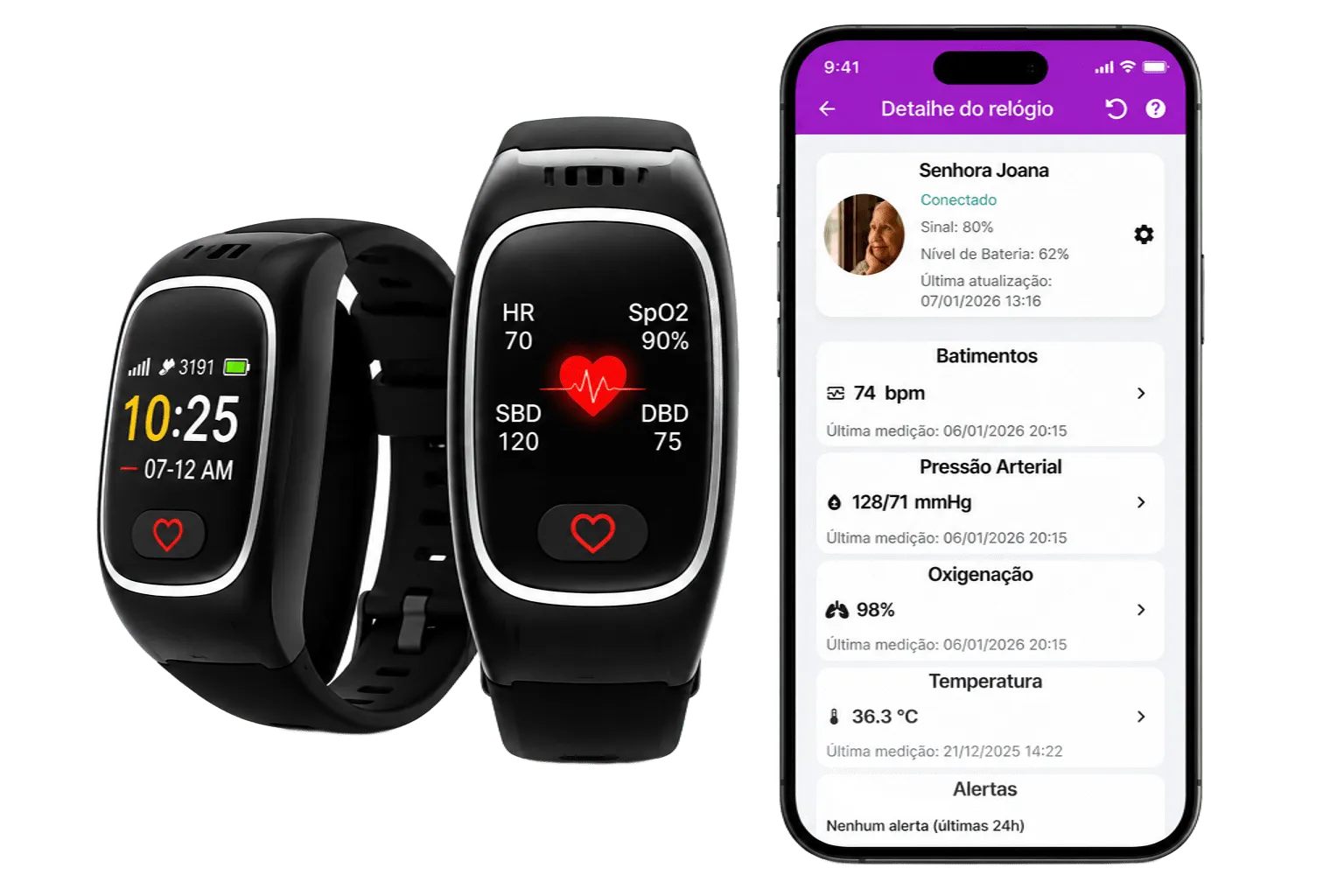 Relógio SempreJunttos e o app da família mostrando batimentos, pressão, oxigenação e temperatura