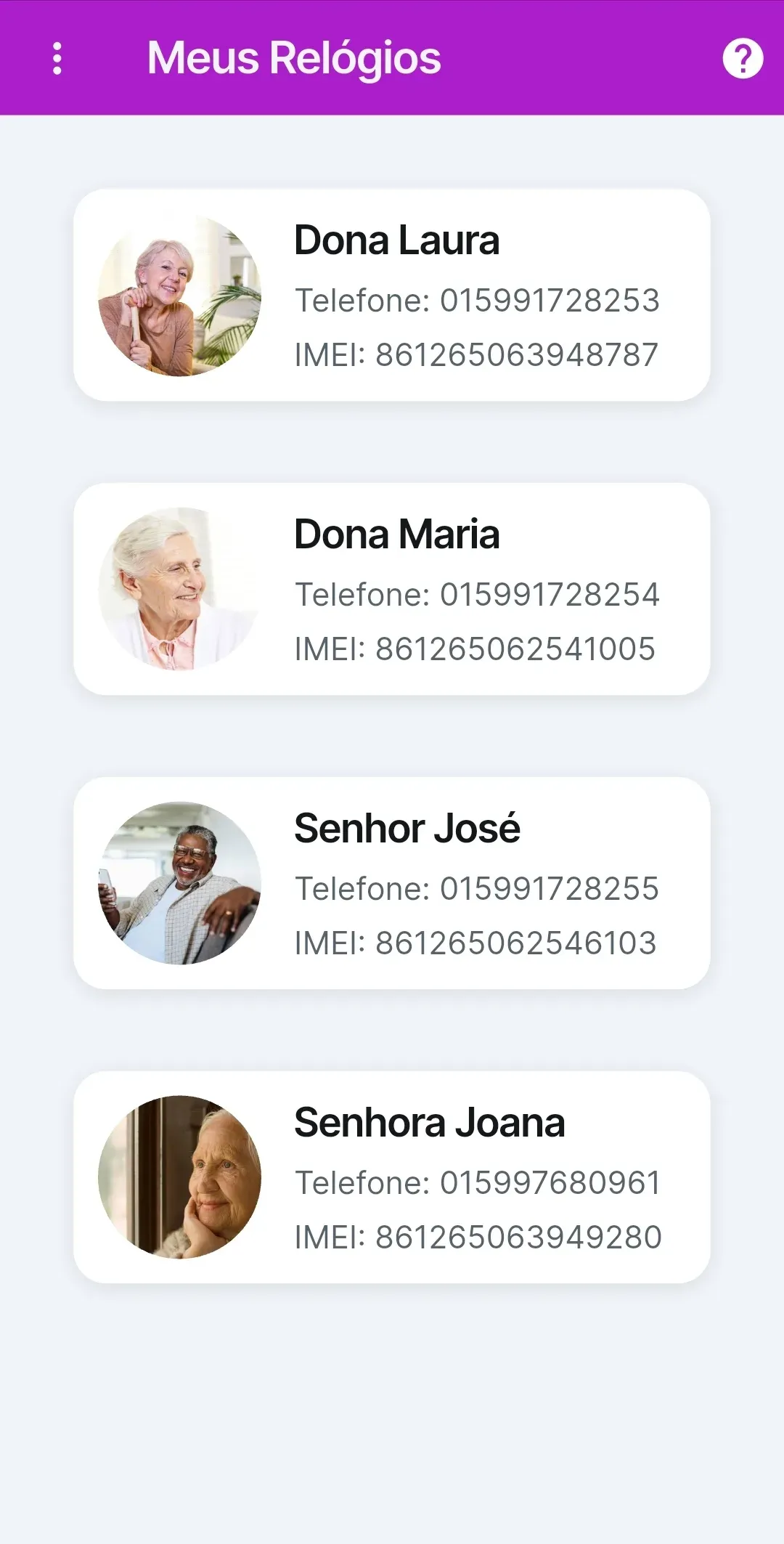 Tela Meus Relógios do app, com um cartão para cada idoso monitorado, com foto e telefone