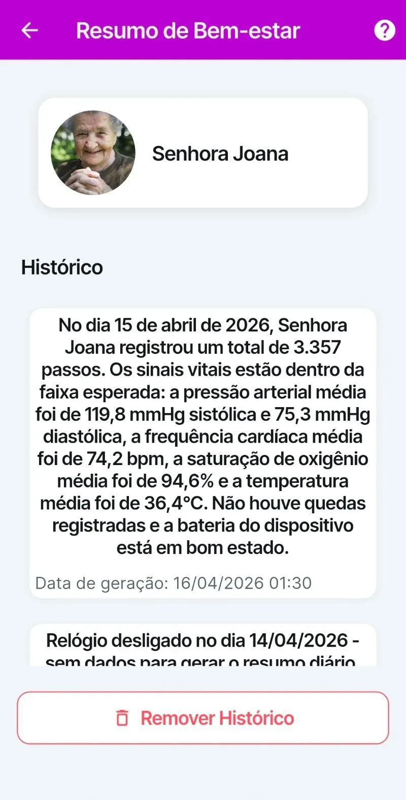 Tela do Resumo de Bem-Estar no app SempreJunttos: resumo diário da Senhora Joana com passos, pressão arterial, batimentos, saturação e temperatura dentro da faixa esperada, sem quedas registradas